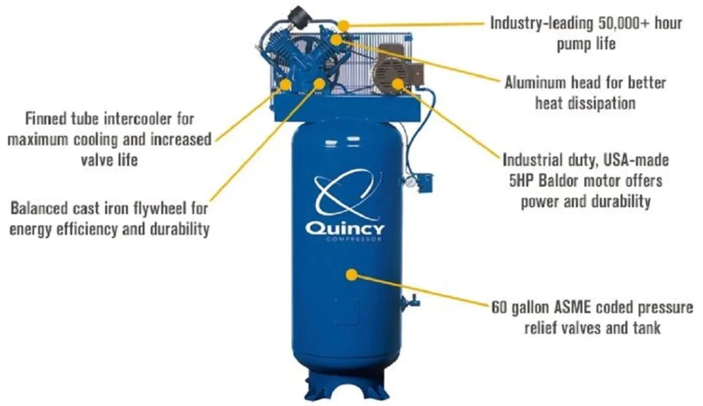 Model 60-Gallon Compressor Phase -54 230V 1 5HP Reciprocating 2Stage Air Vertical Quincy 2V41C60VC