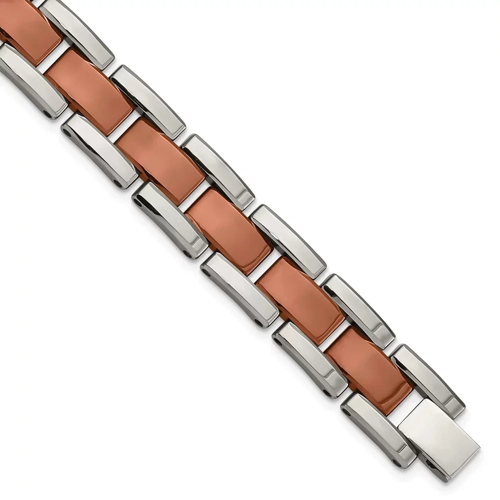 The Tungsten Men's 8.25 Bow Plated Panther Polished Brown Bracelet, In Link & Black
