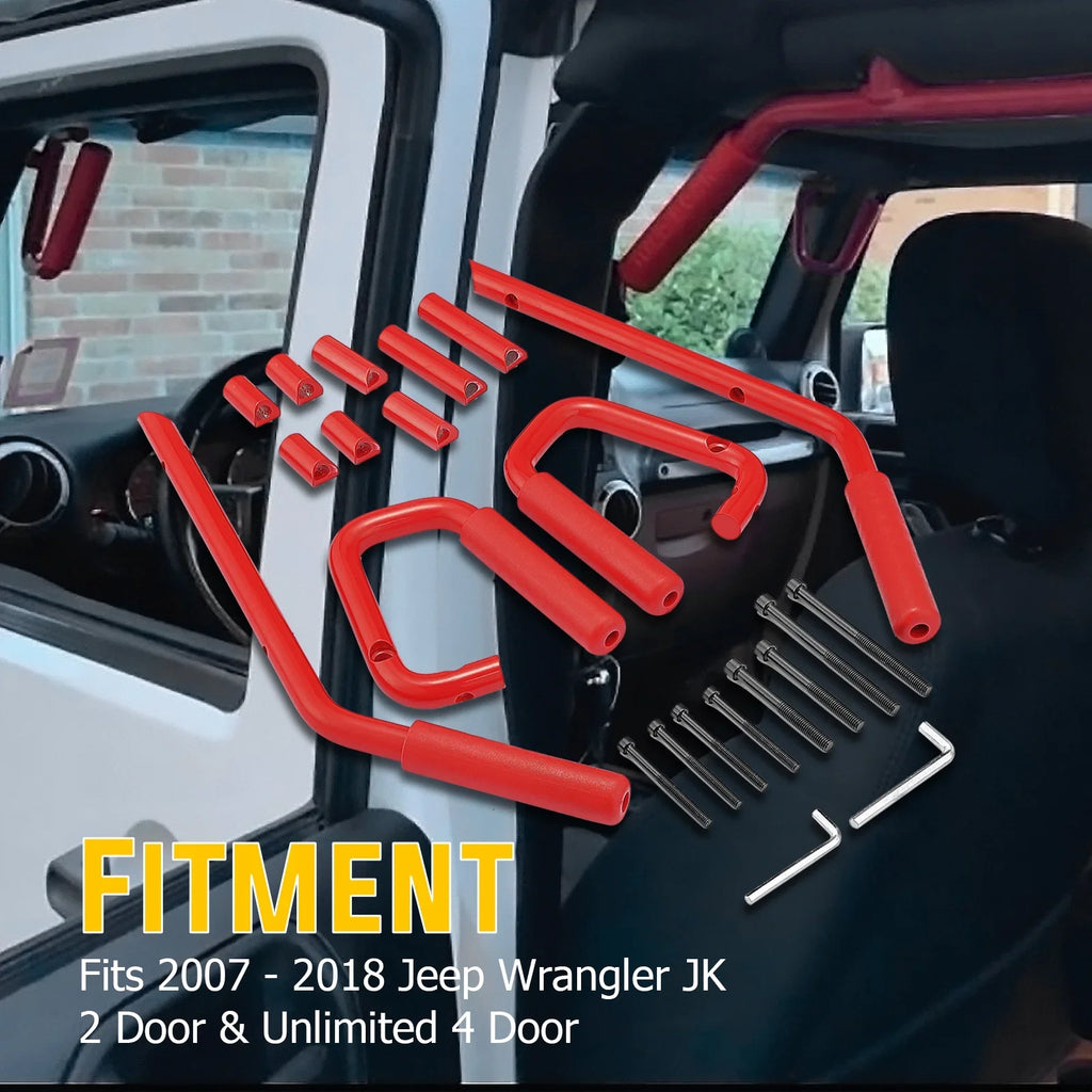 Front Set Coated Handles Red for Jeep Full 07-18 Powder Wrangler - Grab Bar Aluminum Rear &