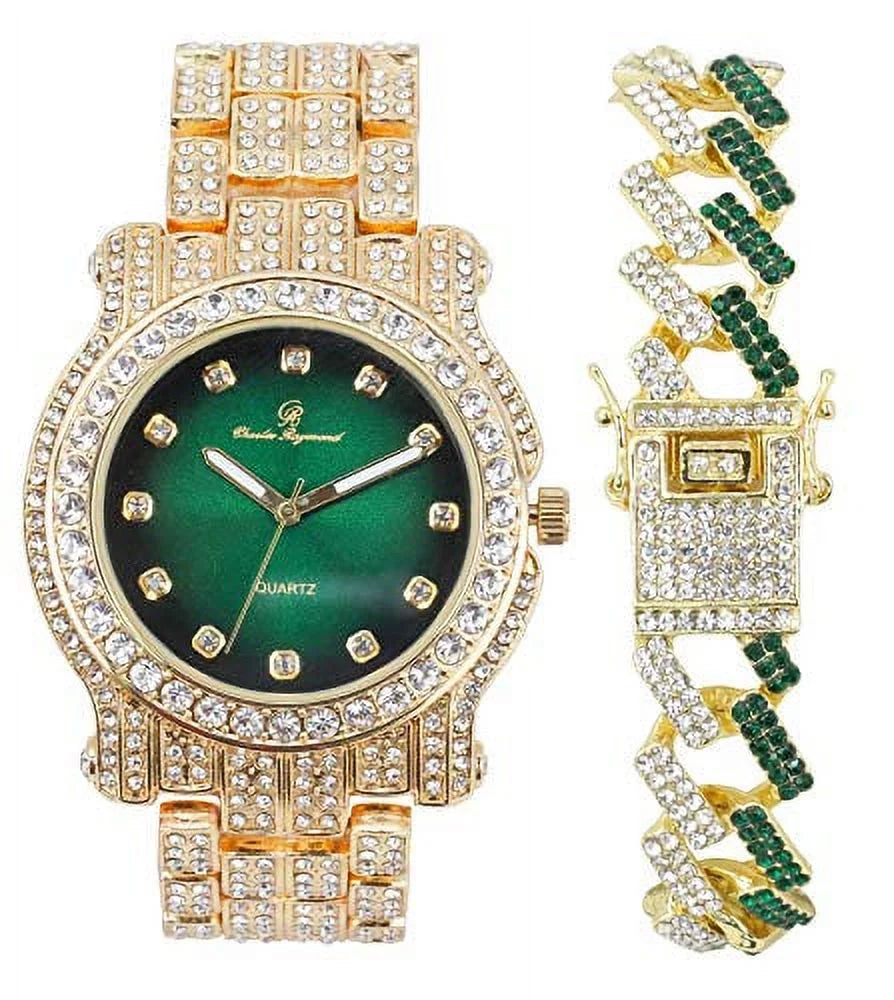 '- Money Round Watch w/Bling-ed Mens Green) Bracelet Out Gold Bling-ed Out Luxury (L0504DXB Silver