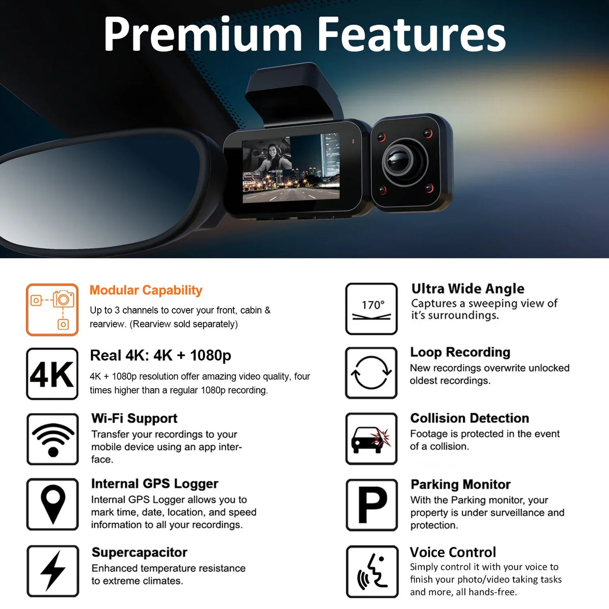 Camera w/ 1080p and & Dash Modular Cam V5C Cabin Capabilities, Front 4K Wi-Fi,