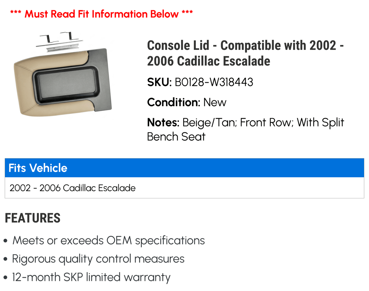 2003 2004 - 2005 Cadillac Lid - Fits Escalade Console 2002 2006 with