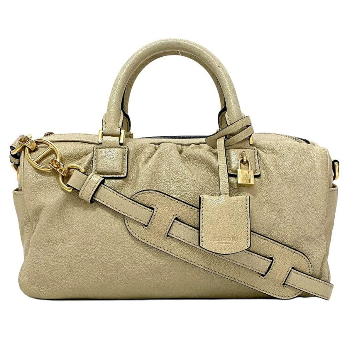 Handbag Boston Champagne Anagram Women's Pre-Owned Loewe Leather Gold (Good) Lame 2way