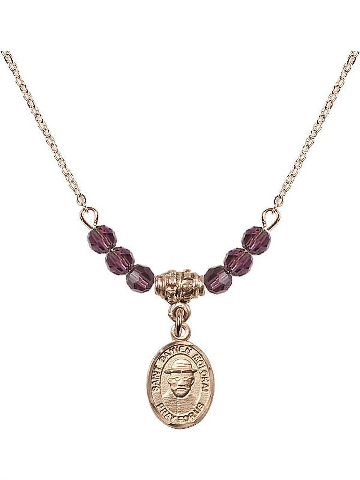 Hamilton Beads Molokai Damien Gold Birth Charm Purple of 4mm Plated Month with Necklace February and 18-Inch Stone Saint