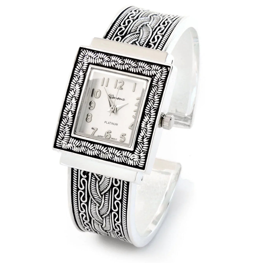 Women's Western Watch Face Decorated Metal Square Silver Cuff Bangle Style