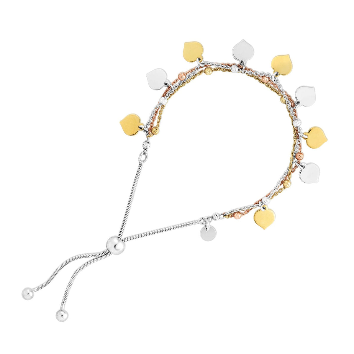 9.25" Draw Charm Dangle Tri-Color Jewelstop Friendship Polished with String Finish - Bracelet Sterling Silver