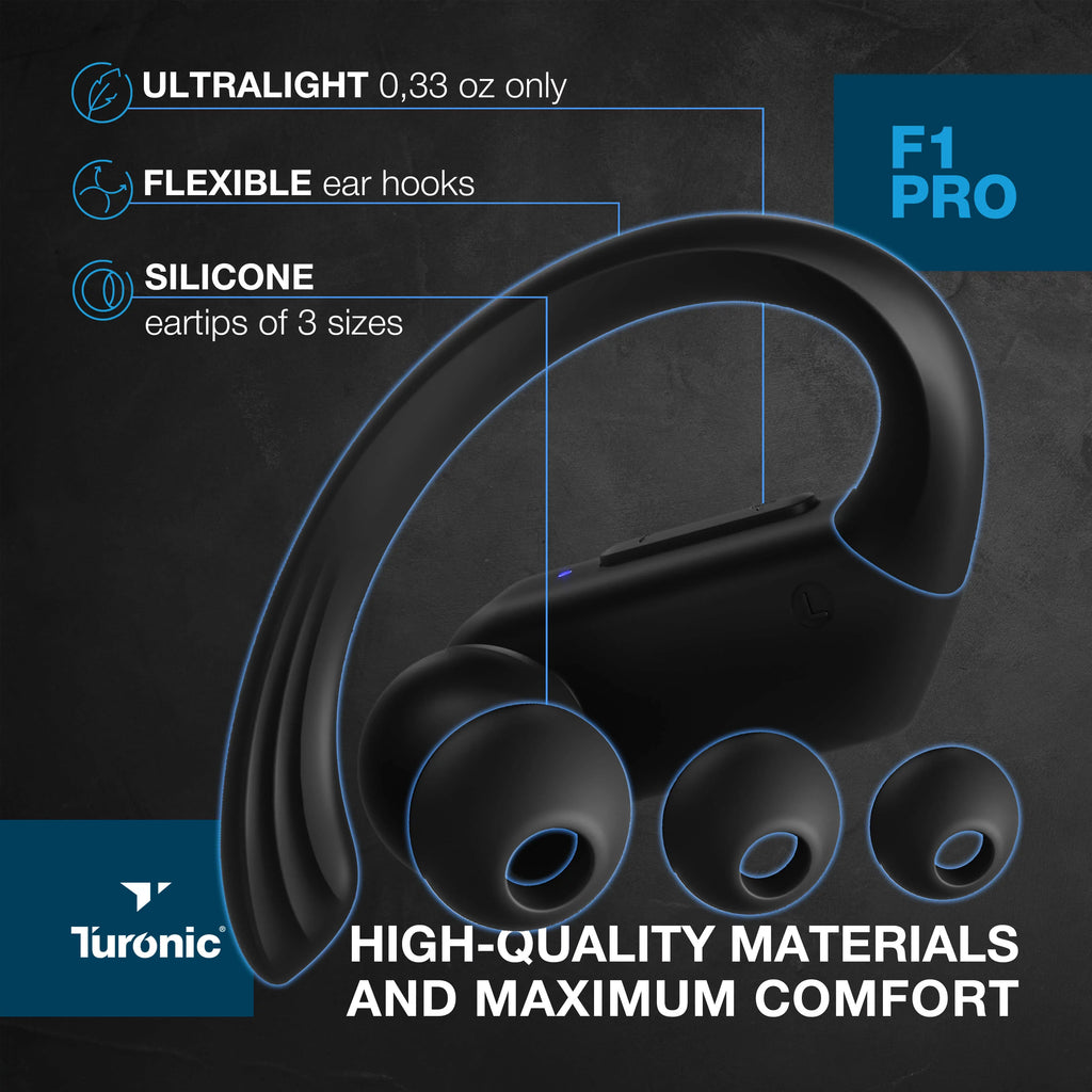 Earhook - for Charging Pro F1 Turonic Earbuds Headphones IPX7 Wireless Wireless True - 45H Running, Mic, Gym, case, with Sport w/Microphone Black Workout Playtime, - - Earphones Bluetooth Moistureproof