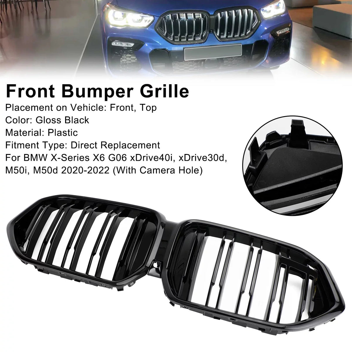 Black Fit Grille M50i Bumper W/Camera Front G06 for Grill 2020-2022 Hole X6