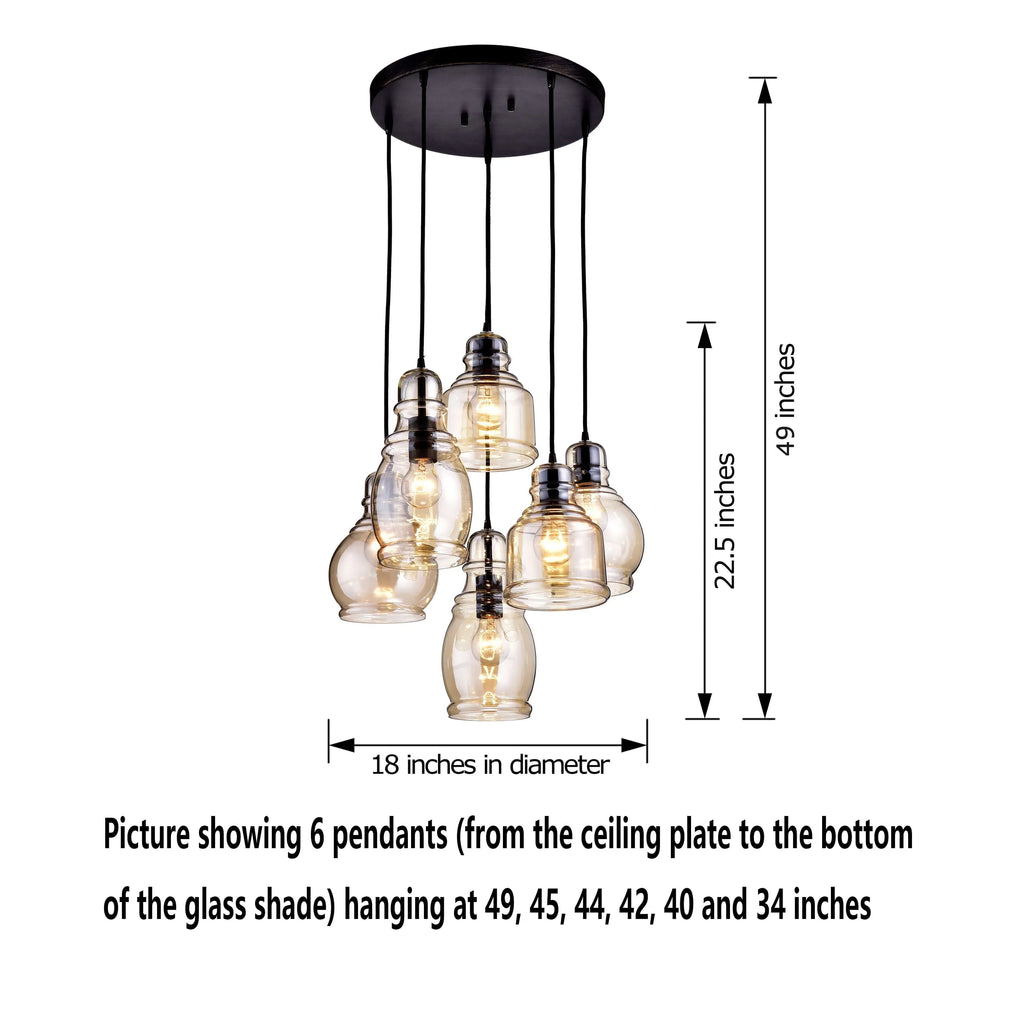 Black and Pendant Antique Base 6-light Glass The Store Mariana Round Lighting Cognac