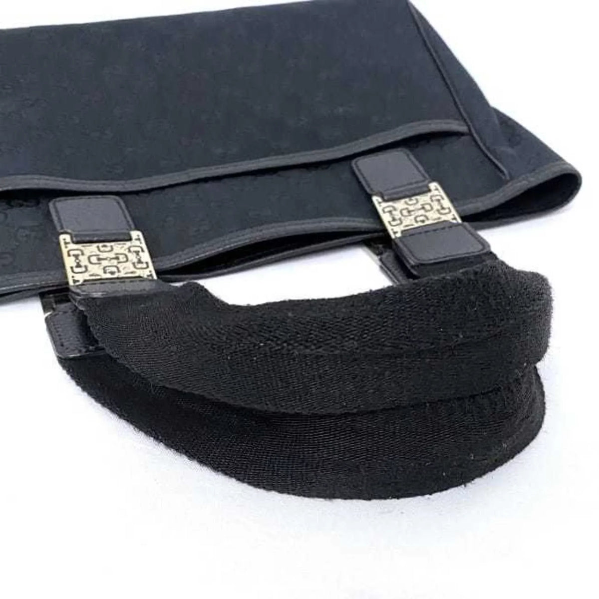Ladies (Good) Pre-Owned Horsebit Tote Black Bag Handbag Gucci Silver Leather 145810 Canvas