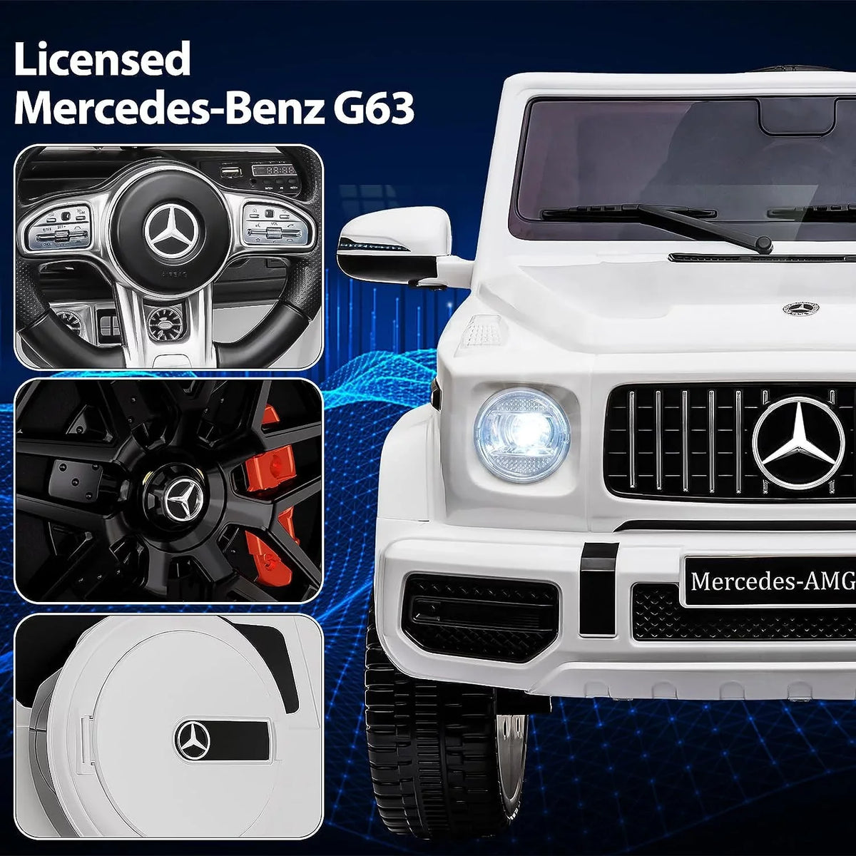 Safety Lock G63 , Kids Ride Control, Powered Music, on Bluetooth, Light, 12V Spring Benz Battery Licensed Electric Vehicle, Horn, White Electric Mercedes Suspension, w/Remote Car Car,