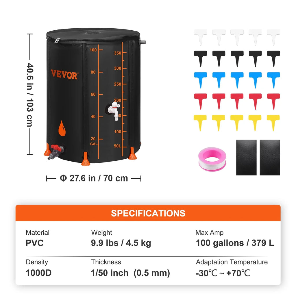 Rain Overflow Barrel, Large Capacity, System Collapsible Storage 100 Gallon and Collection Kit, Portable Container Spigots Tank Moisture Including Rainwater