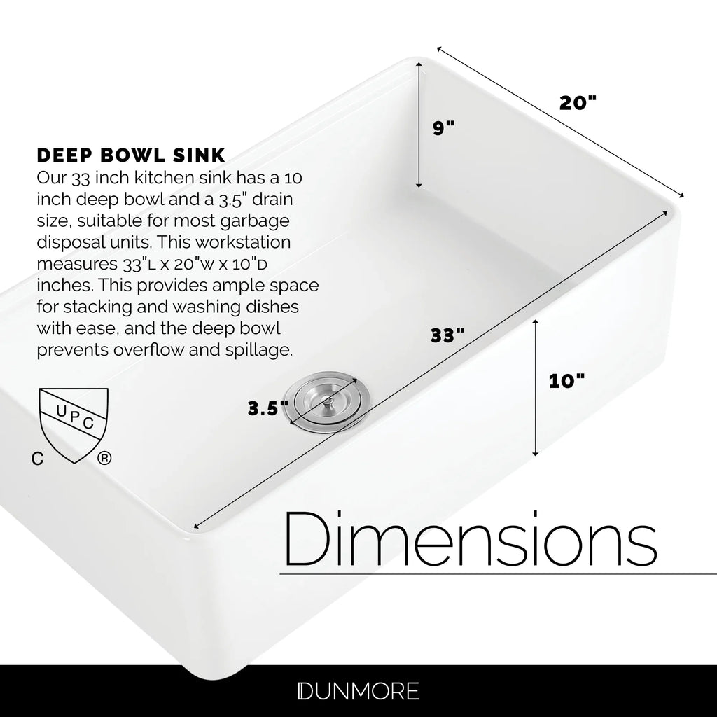 Sink, Board Bowl Porcelain, Farmhouse Front 33 Apron cUPC, Accessories Cutting Single Inch White 33x20 Ceramic Kitchen & Sink Clay, with Workstation,