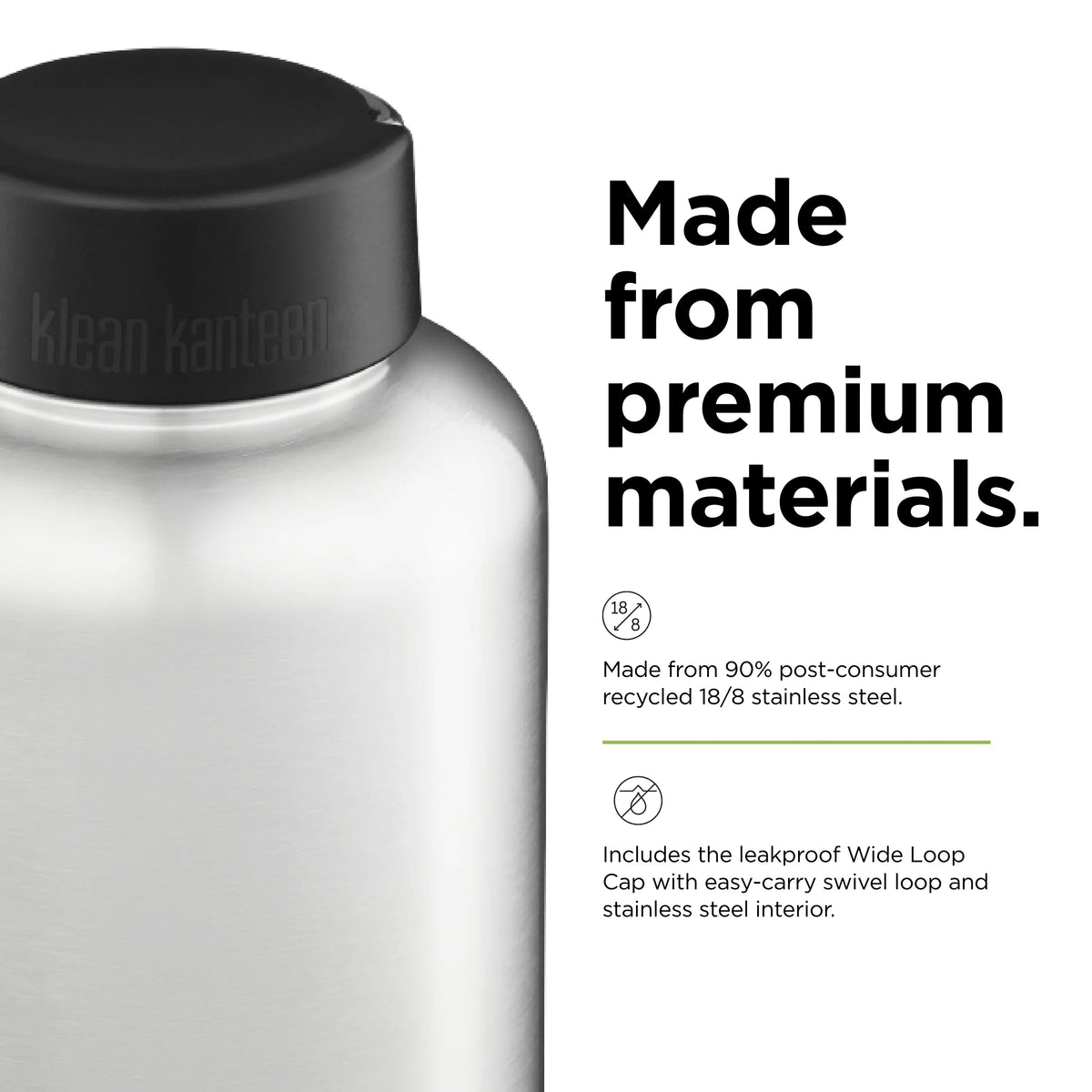 Brushed w/Wide Stainless 64oz, Wide Loop Kanteen Cap, Klean