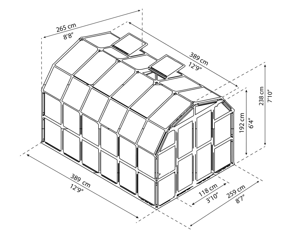 Grand x Clear - Gardener 2 - Greenhouse Canopia Walk-In - 12' Vents 8' Roof with Green Palram