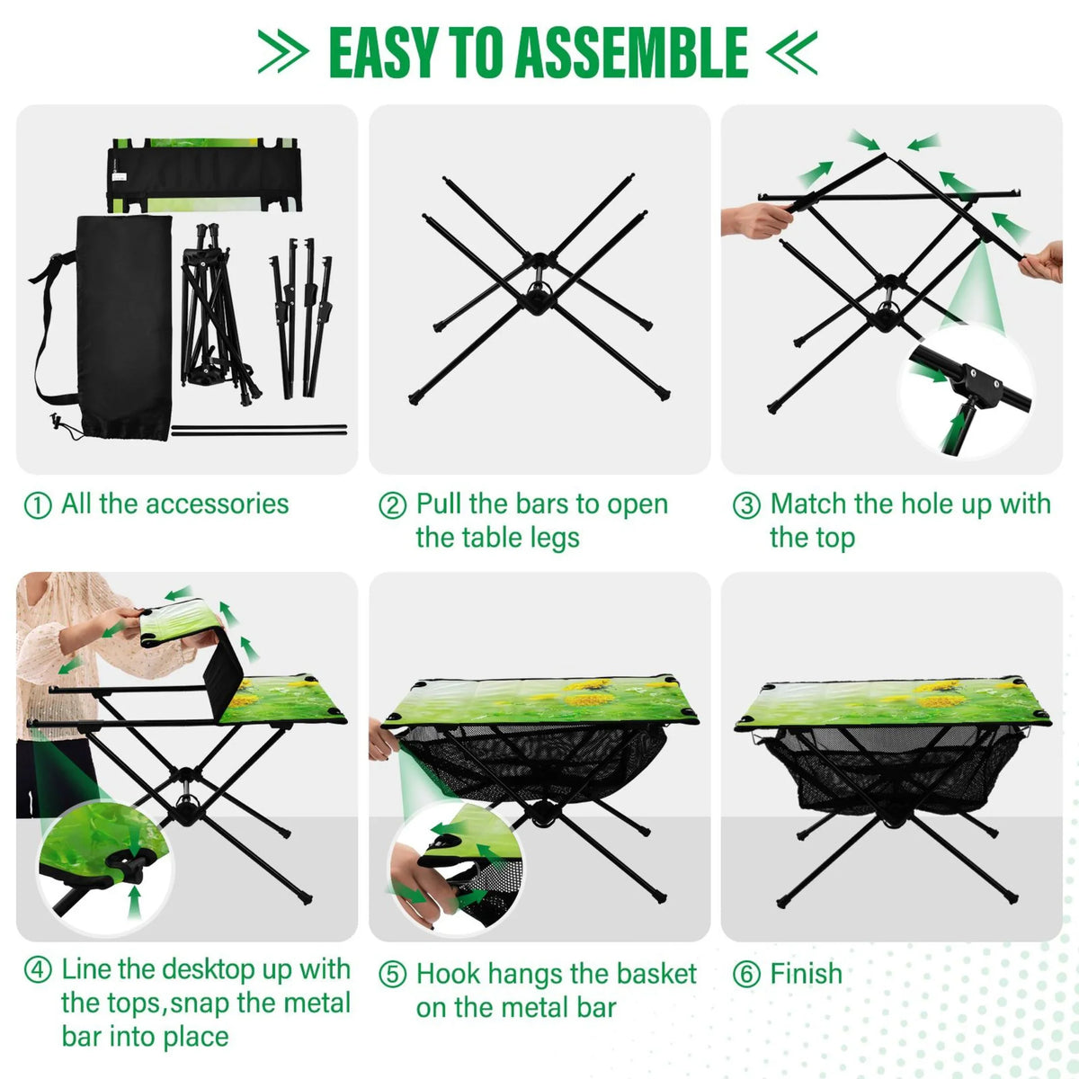 Green Travel Beach Folding Table Portable Spring Picnic Outdoor Camping Table Fishing with Flowers Compact Table Storage for Bag