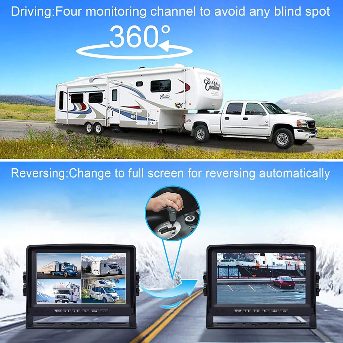 9 inch View Record Moistureproof Night Camera eRapta Function Rear for Vision Quad Camera Screens Trailer 4 Side IP69 Split 1080P Semi and Box Truck Backup