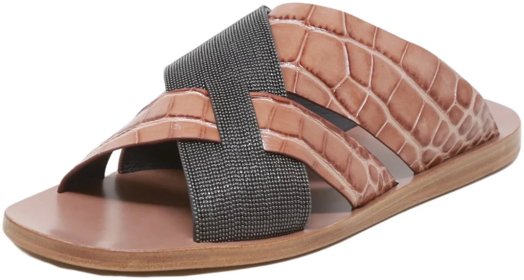 Snake - 7 Leather Sandal Women's Sliders M / Metallic Black Lizard-Effect Brunello Cucinelli