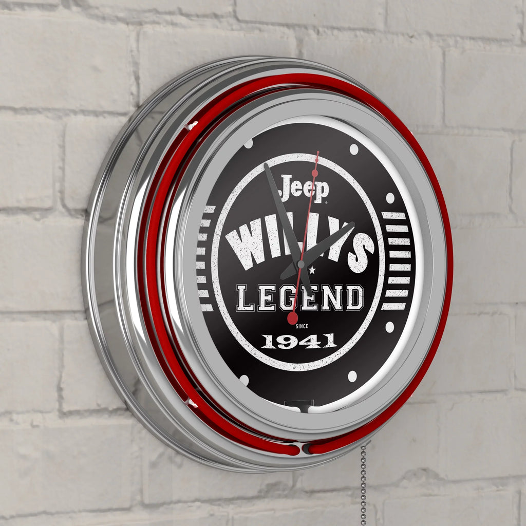 Black Garage, Double or Man Wall Accessories Clock-Jeep Pull Chain-Pub, Clock Cave Willys Legend Analog with Neon (Red) Rung