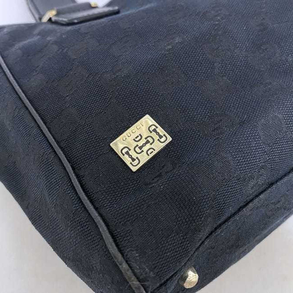 Ladies (Good) Pre-Owned Horsebit Tote Black Bag Handbag Gucci Silver Leather 145810 Canvas