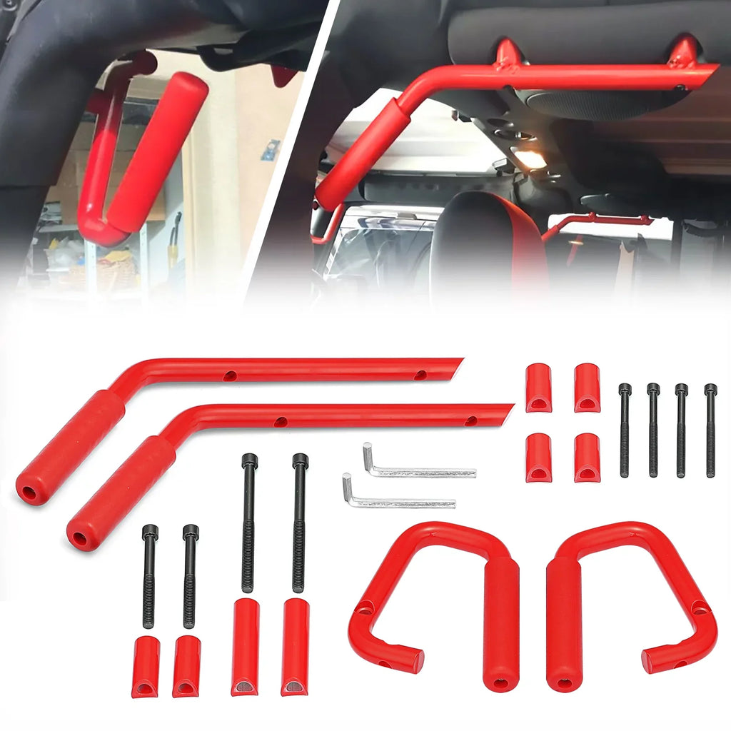 Front Set Coated Handles Red for Jeep Full 07-18 Powder Wrangler - Grab Bar Aluminum Rear &