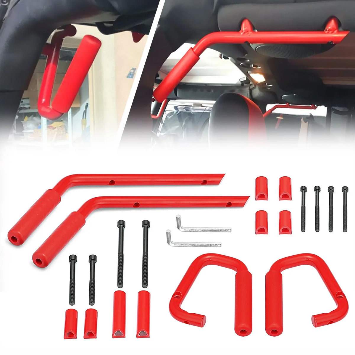 Front Set Coated Handles Red for Jeep Full 07-18 Powder Wrangler - Grab Bar Aluminum Rear &