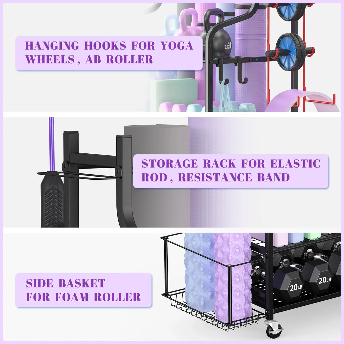 Rack, Workout Mat Storage Hooks Yoga Wheels Storage Mythinglogic Equipment Home Gym with Organizer Racks, Storage