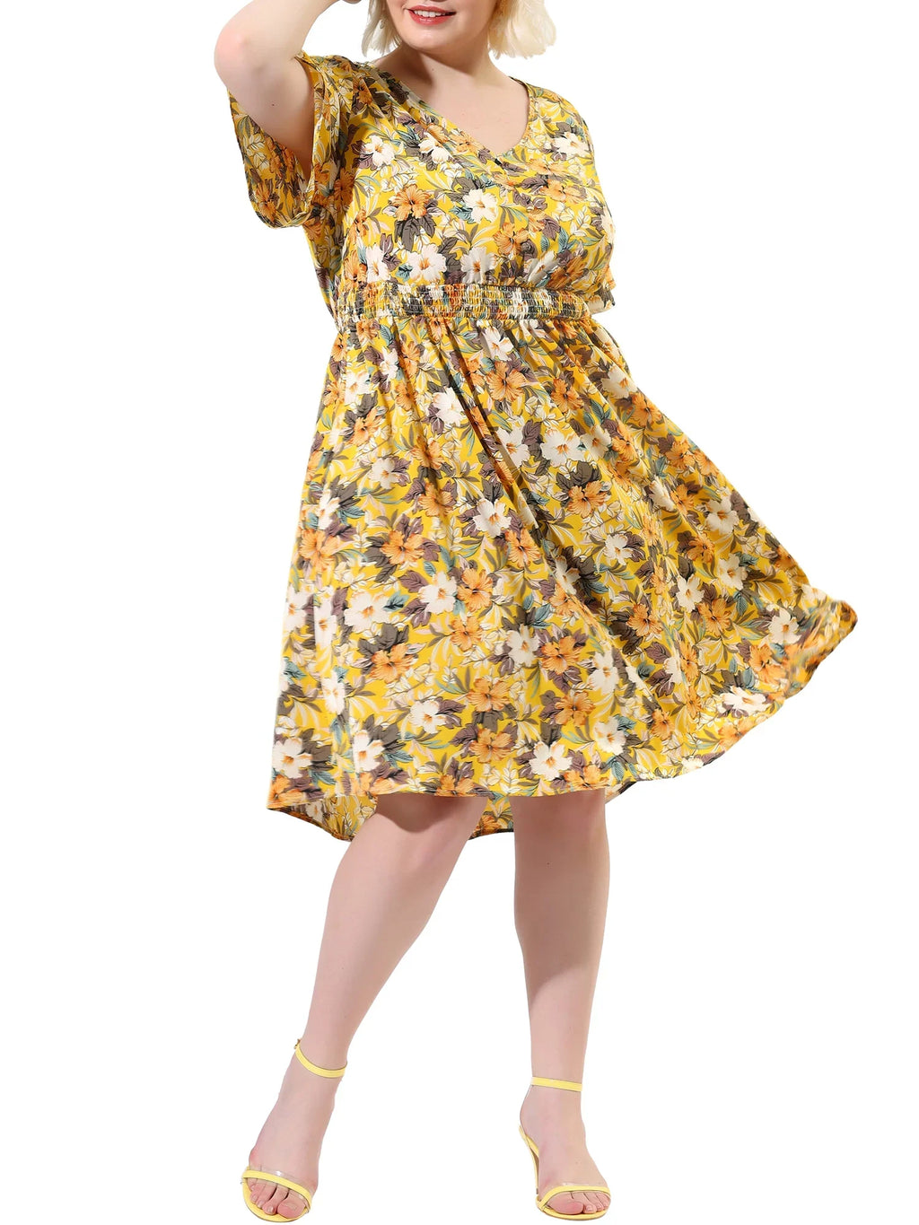 3X Plus Print V Neck Yellow Casual Sleeve Midi Juniors' Dress Flare Floral