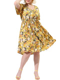 3X Plus Print V Neck Yellow Casual Sleeve Midi Juniors' Dress Flare Floral
