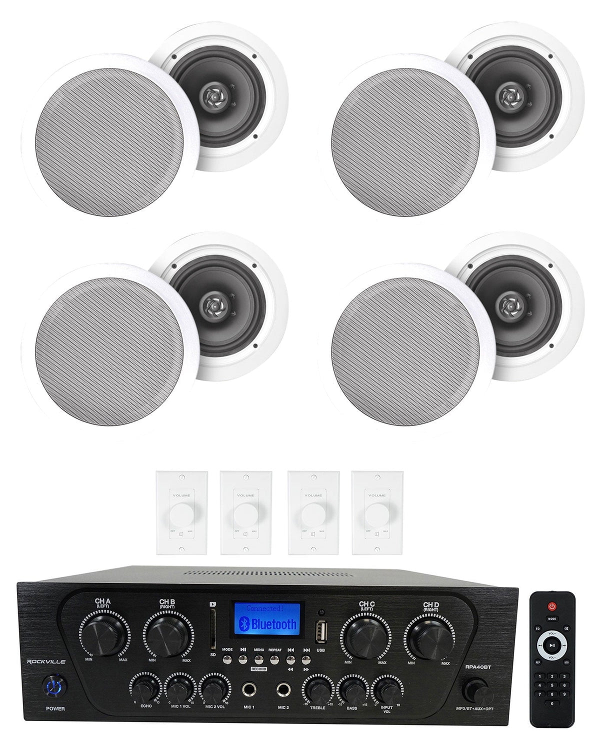 Speakers+Wall Ceiling Stereo+8 4-Room Controls Rockville Home White 8" Kit Audio