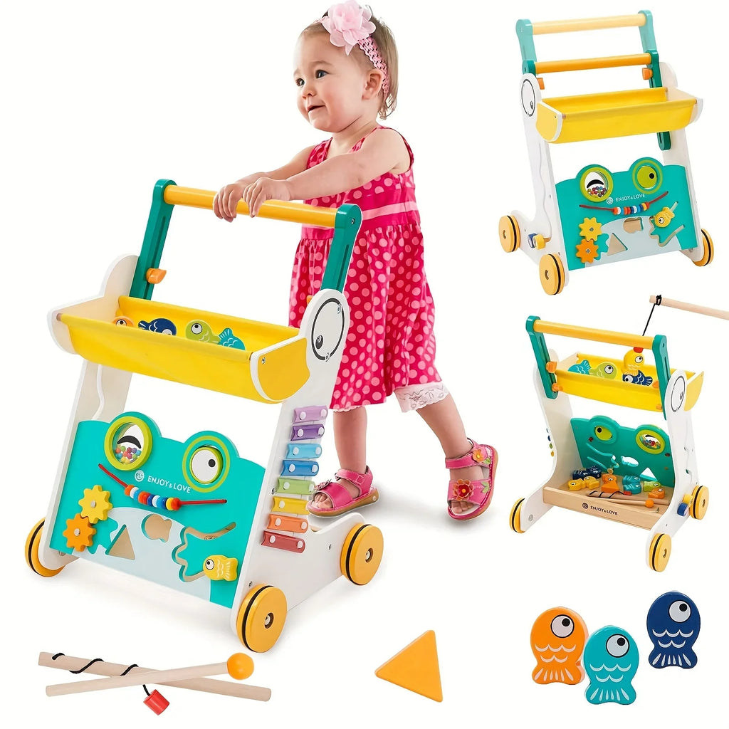 Multiple for Baby Learning Baby Infants Kids Activity Push Toddler Walker Along Toy Entertainment Sit-to-Stand Wooden Boys Push Walker Girls Trolley Sorter Shape with Fishing Center Xylophone