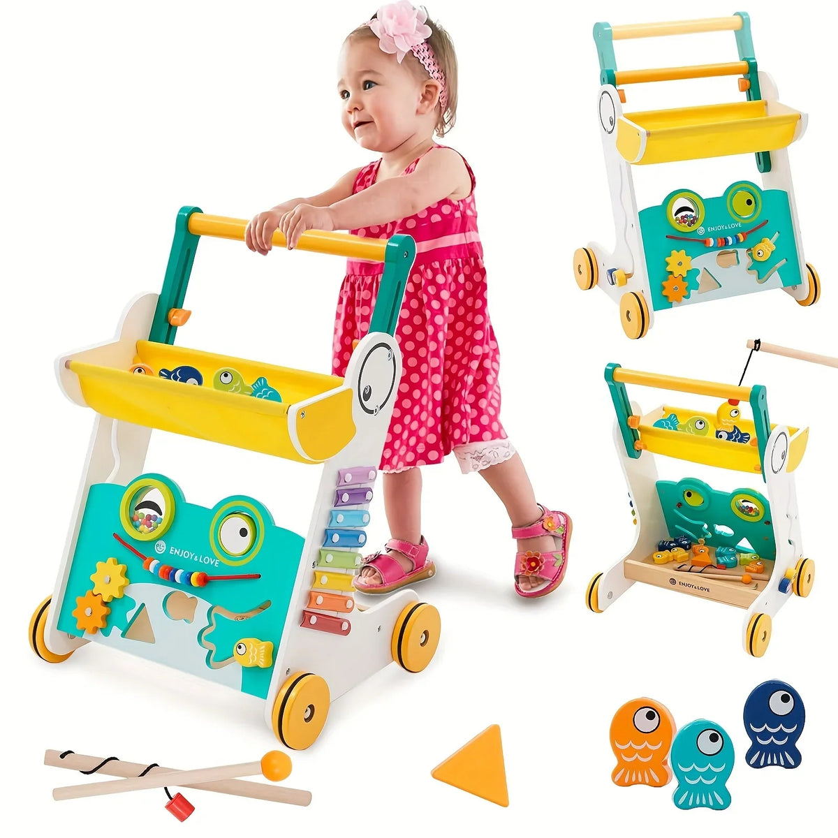 Multiple for Baby Learning Baby Infants Kids Activity Push Toddler Walker Along Toy Entertainment Sit-to-Stand Wooden Boys Push Walker Girls Trolley Sorter Shape with Fishing Center Xylophone