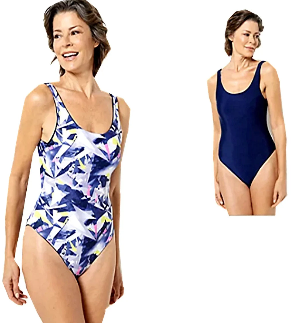 Attitudes Shatter/Navy Neon Reversible Size Large A500943 Swimsuit - 1-Piece Bathing by Suit Renee