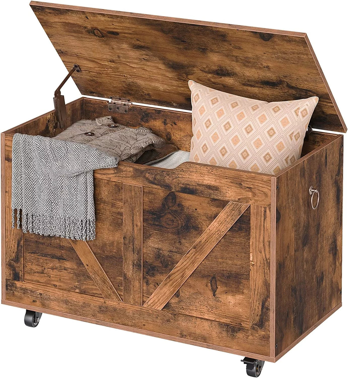 Hinge, Brown Assembly, Movable, Safety Entryway Wheels, Easy Supports Shoe Bench, lb, Wooden Bench Chest, Rustic Sturdy U-Shaped Storage Trunk Opening, on Storage Storage FG74CW01 220 Bench,