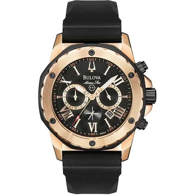 Steel Chronograph Black - Rubber Star Black Marine Men's Stainless Dial Gold Tone Strap