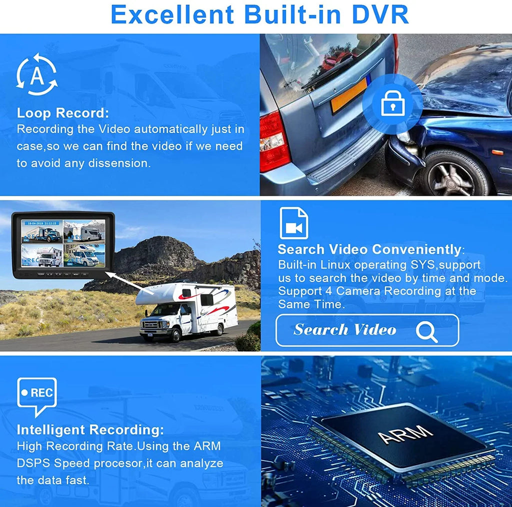 9 inch View Record Moistureproof Night Camera eRapta Function Rear for Vision Quad Camera Screens Trailer 4 Side IP69 Split 1080P Semi and Box Truck Backup