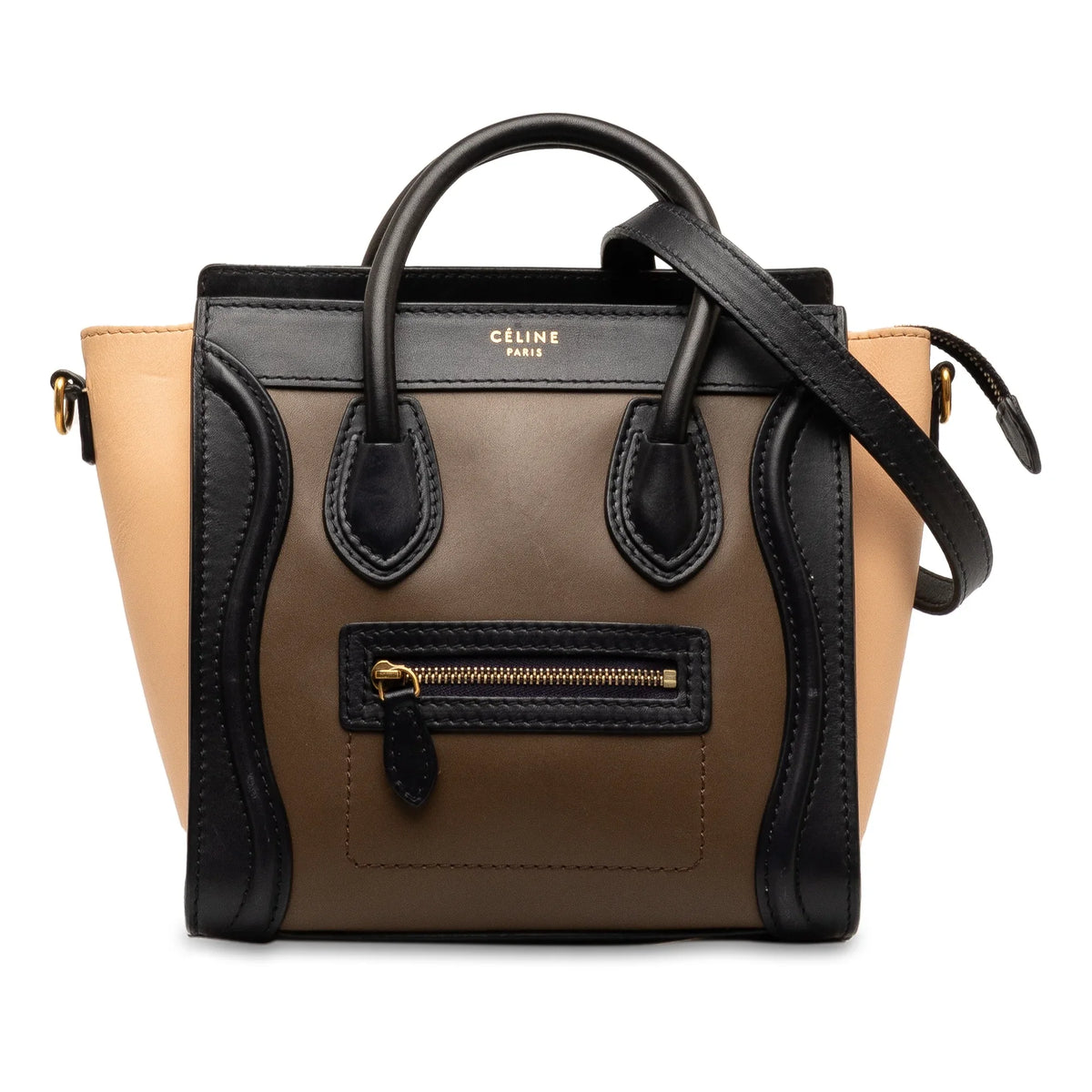 Calf Satchel Authenticated Pre-Owned Luggage Tricolor Tote Leather Brown (Good) Unisex Celine Nano