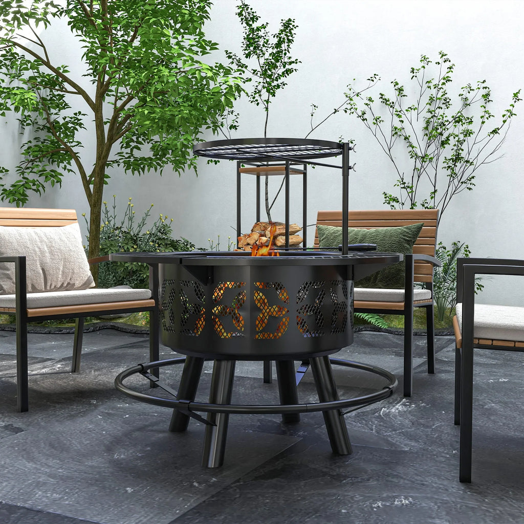 Grate Round, Wood Adjustable and with Poker, Pit Picnic, Black Cooking Firepit for Grill Burning Fire Capri Outdoor Backyard, 33" Patio,
