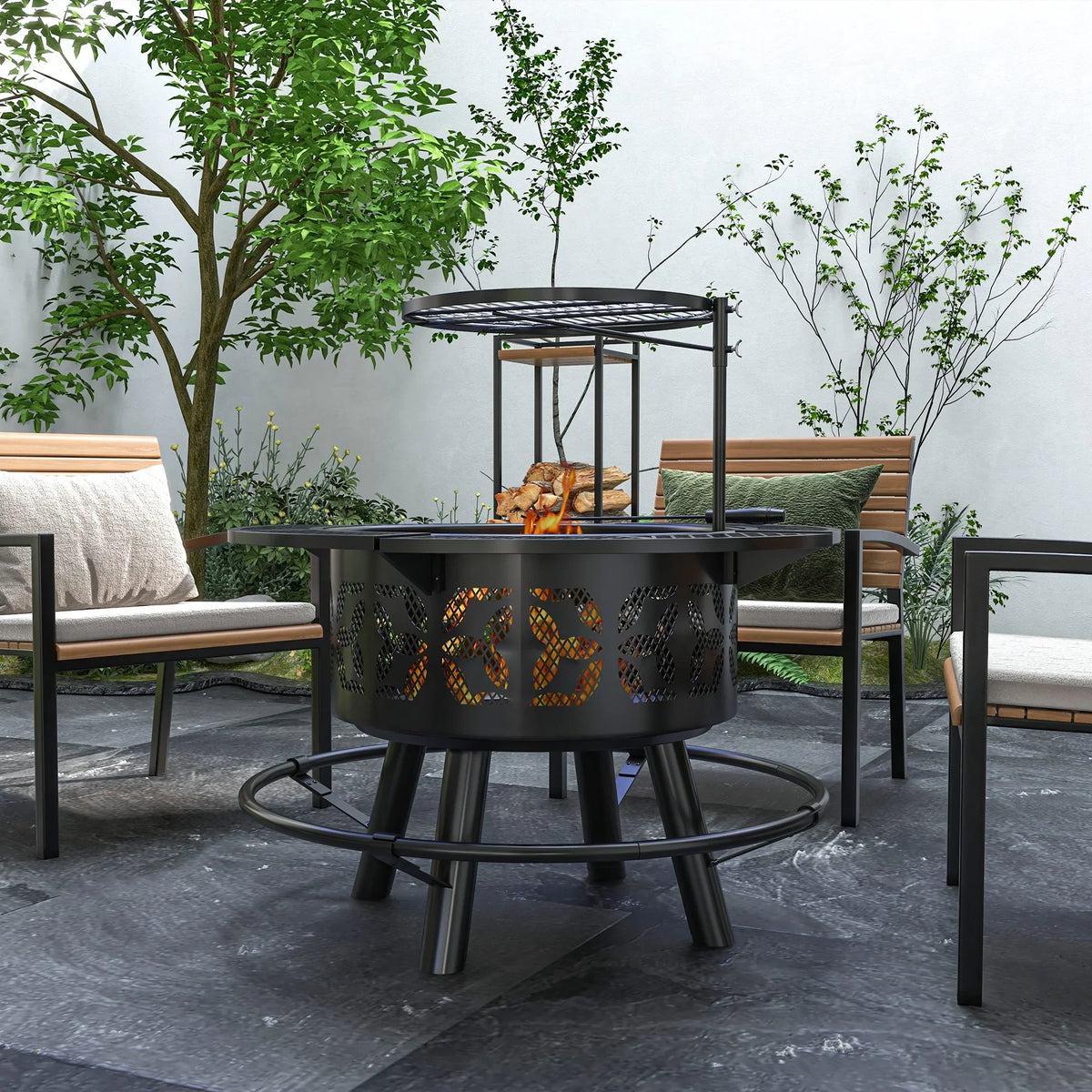 Grate Round, Wood Adjustable and with Poker, Pit Picnic, Black Cooking Firepit for Grill Burning Fire Capri Outdoor Backyard, 33" Patio,