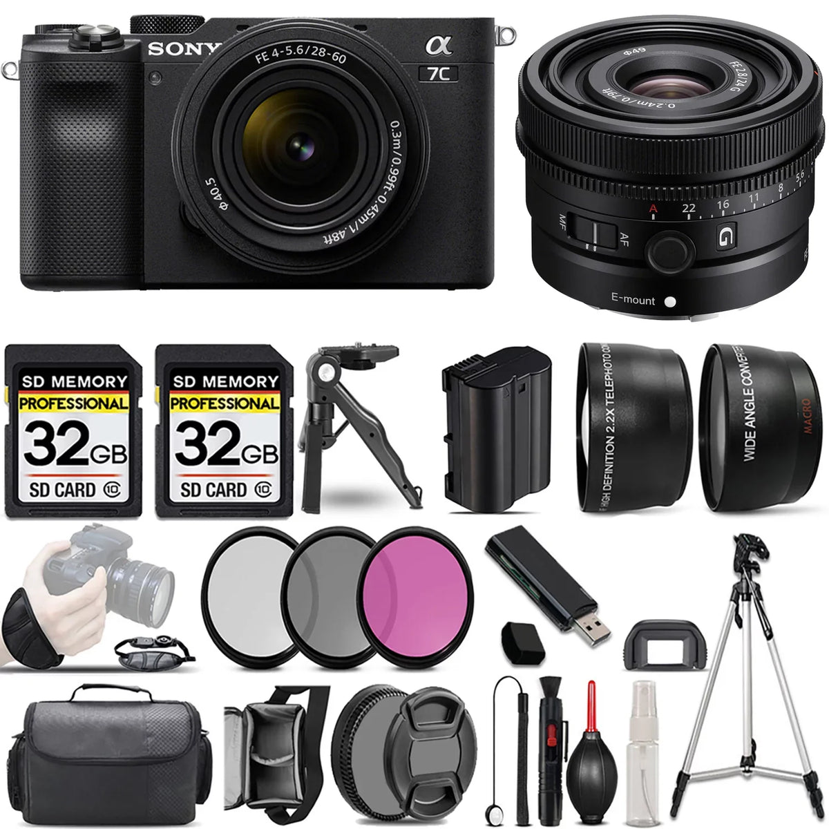 G Filter f/2.8 +64GB (Black) Mirrorless Lens+24mm with +3 Sony Camera 28-60mm Lens a7C