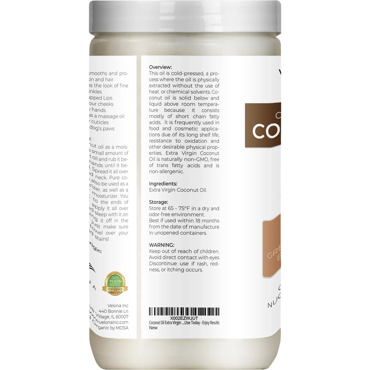 oz Food Skin, - Face, Certified in Hair Cold Body, Virgin, Extra Grade | Extra Organic | Oil Results Care Enjoy | 64 Velona Cosmetic and jar Coconut - Today Use Virgin | Pressed |