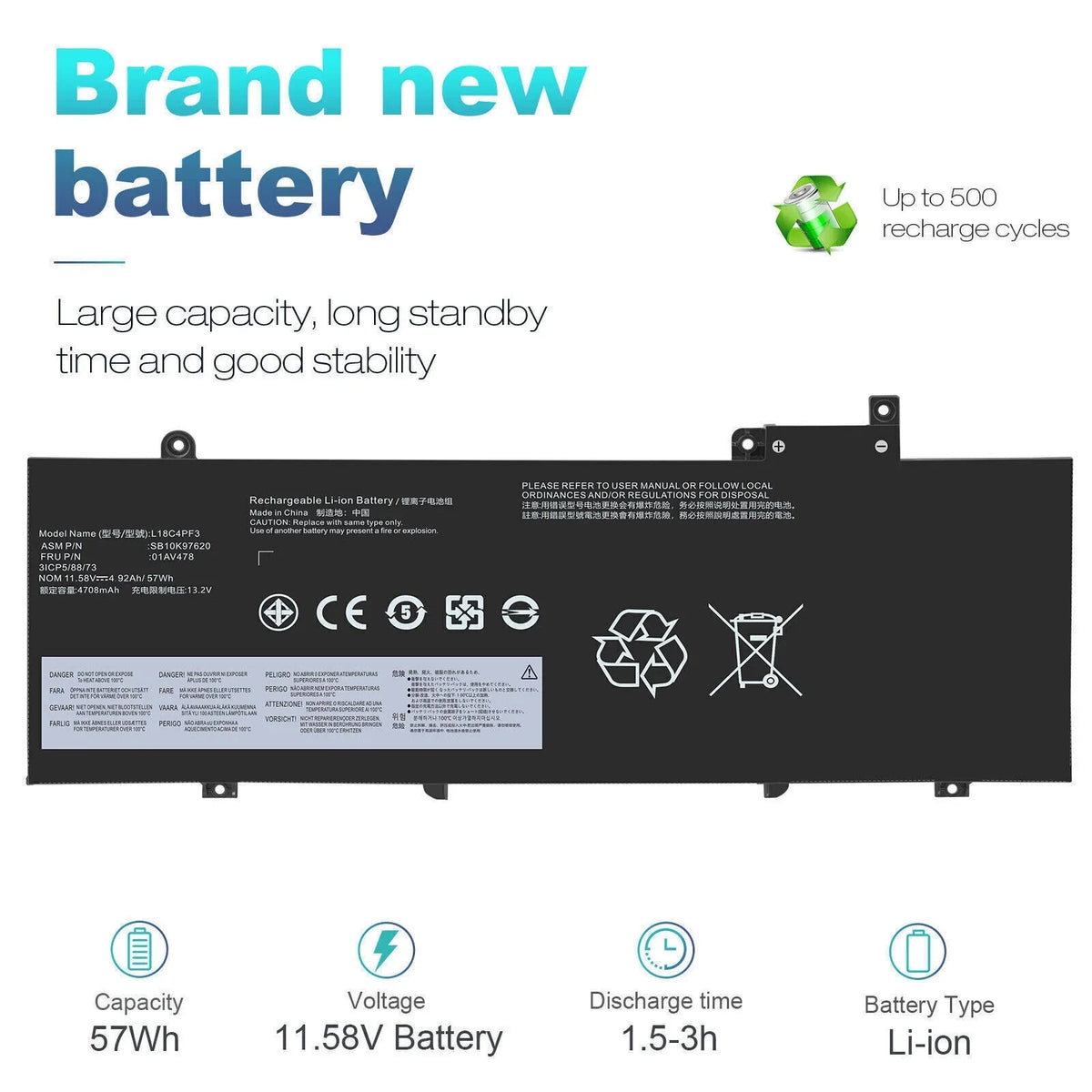 ThinkPad T480S Lenovo L17L3P71 SB10K97621 57Wh For Battery