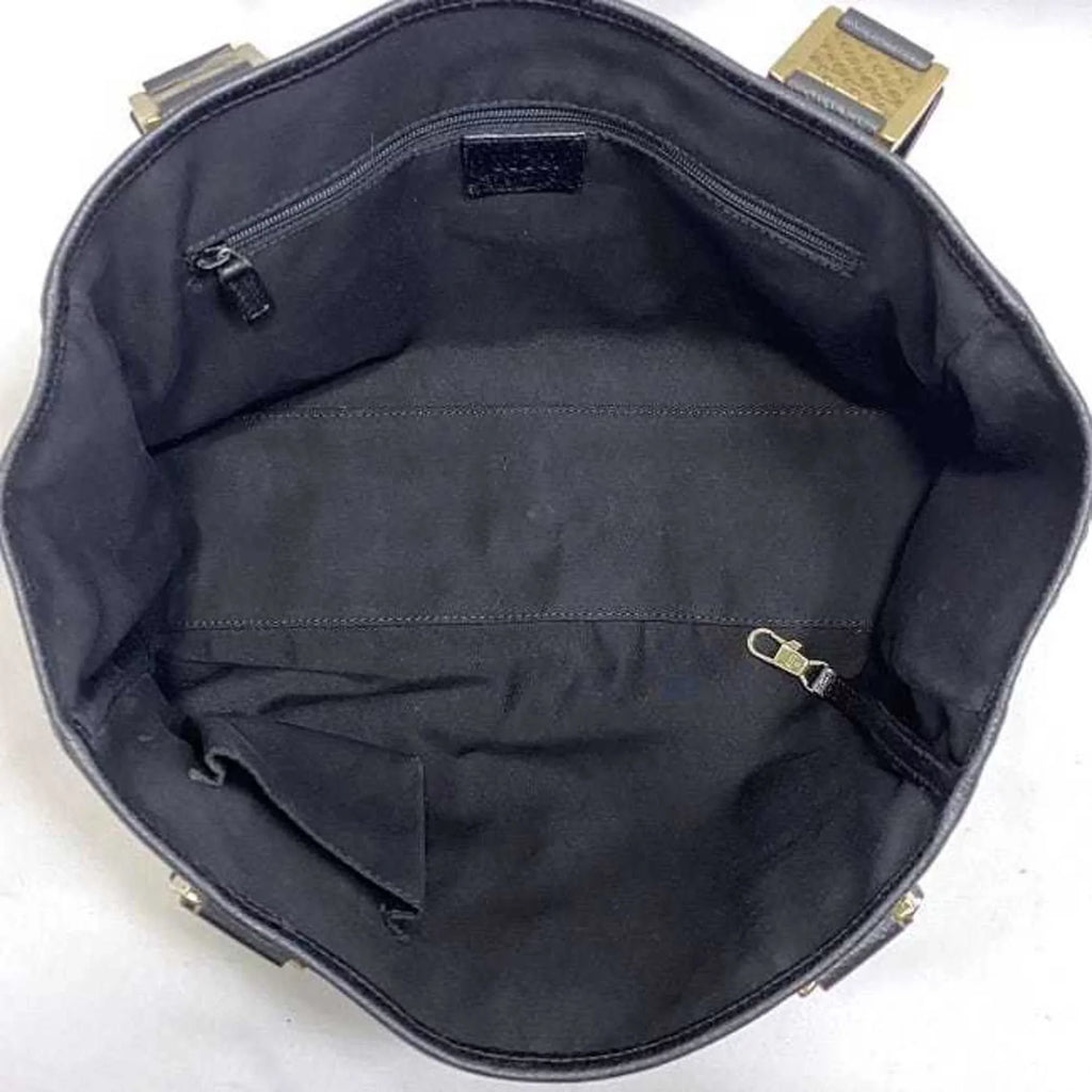 Ladies (Good) Pre-Owned Horsebit Tote Black Bag Handbag Gucci Silver Leather 145810 Canvas