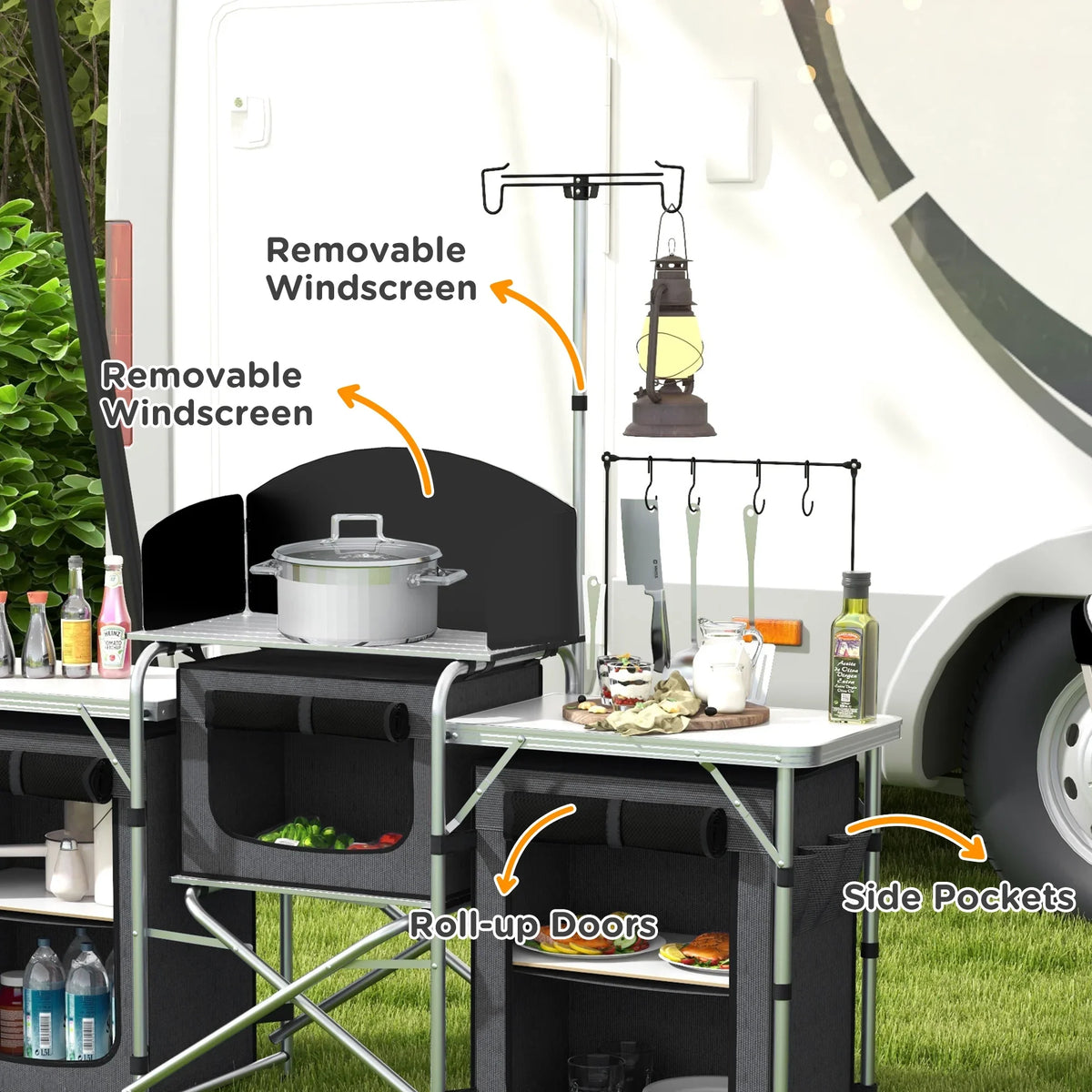 with Kitchen Black Fabric Camping Cupboards Windshield Folding Outsunny