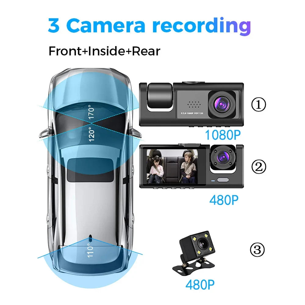& Dash Recording 2 Rear Inside Recorder Loop Front Dashcam Camera Inch Driving Night-Vision version 1080P Lock Support Screen & One-Key Camera WiFi