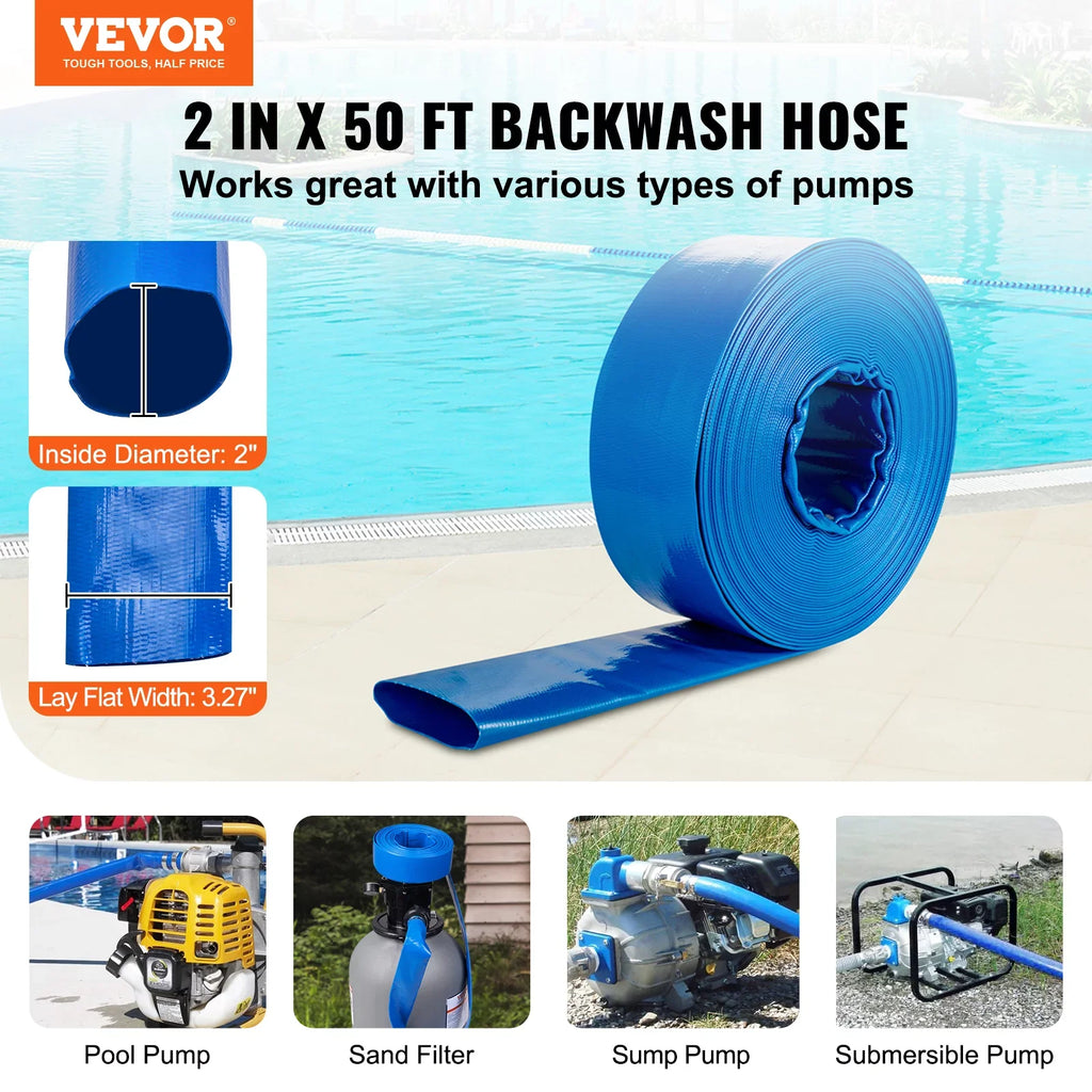 and Lay Discharge Clamps Chemical Filter Pool Premium Defensive 2'' Blue x Backwash with Climatic 50' Hose Hose Swimming Flat