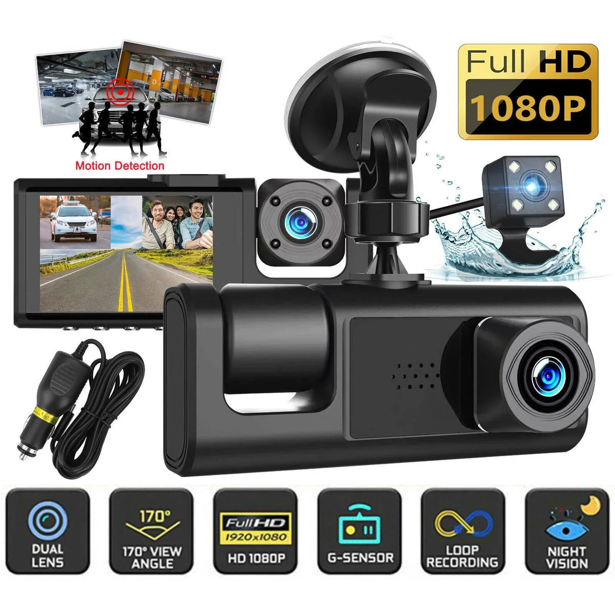 Dual Lens Video Recorder Cam Camera Dash G-sensor Front/Rear/Inside 1080P Car