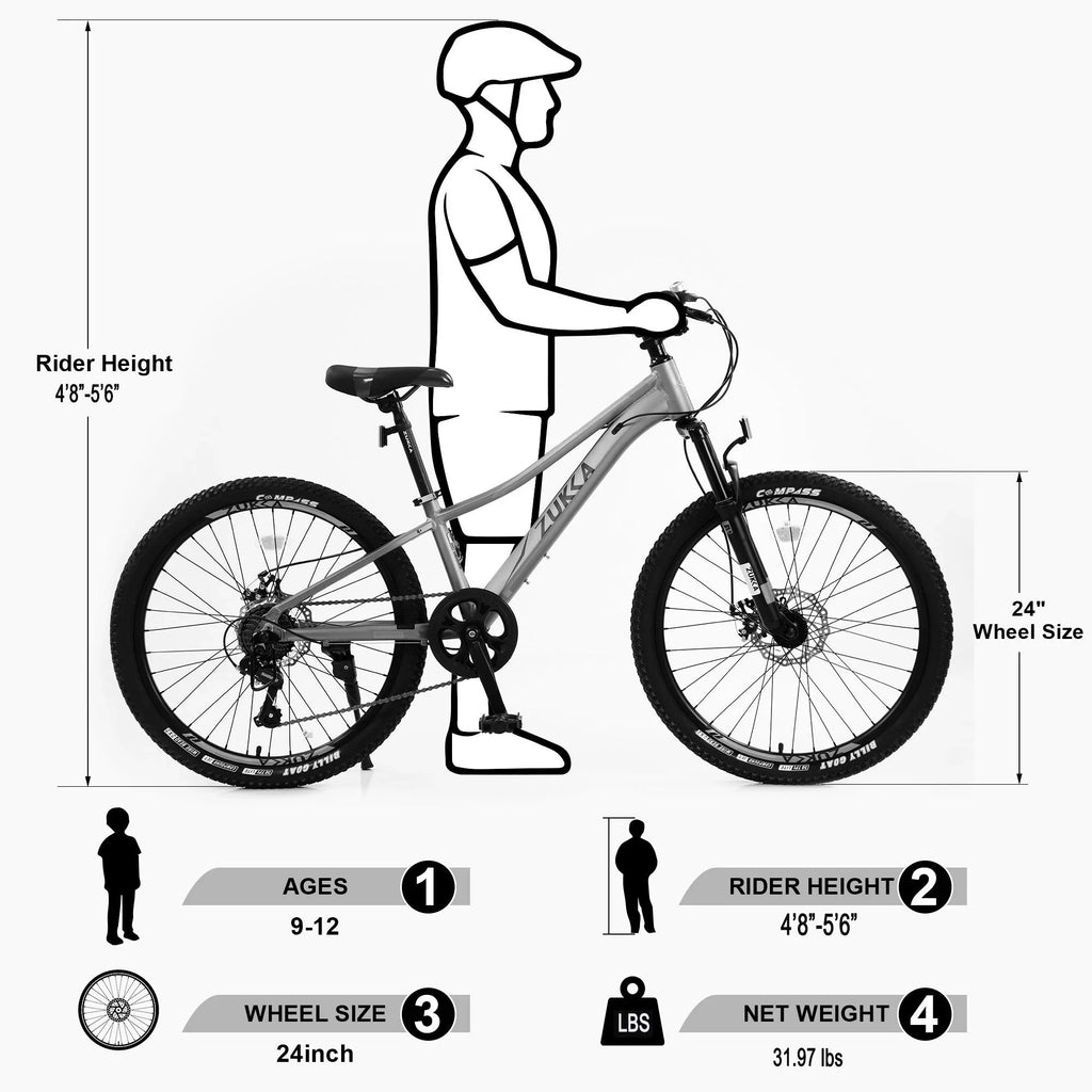 Assembled, Boys, 85% 7-Speed 24 Kids Mountain Brakes, Disc inch Girls Gray with and for Bikes Shimano Mountain Bicycle