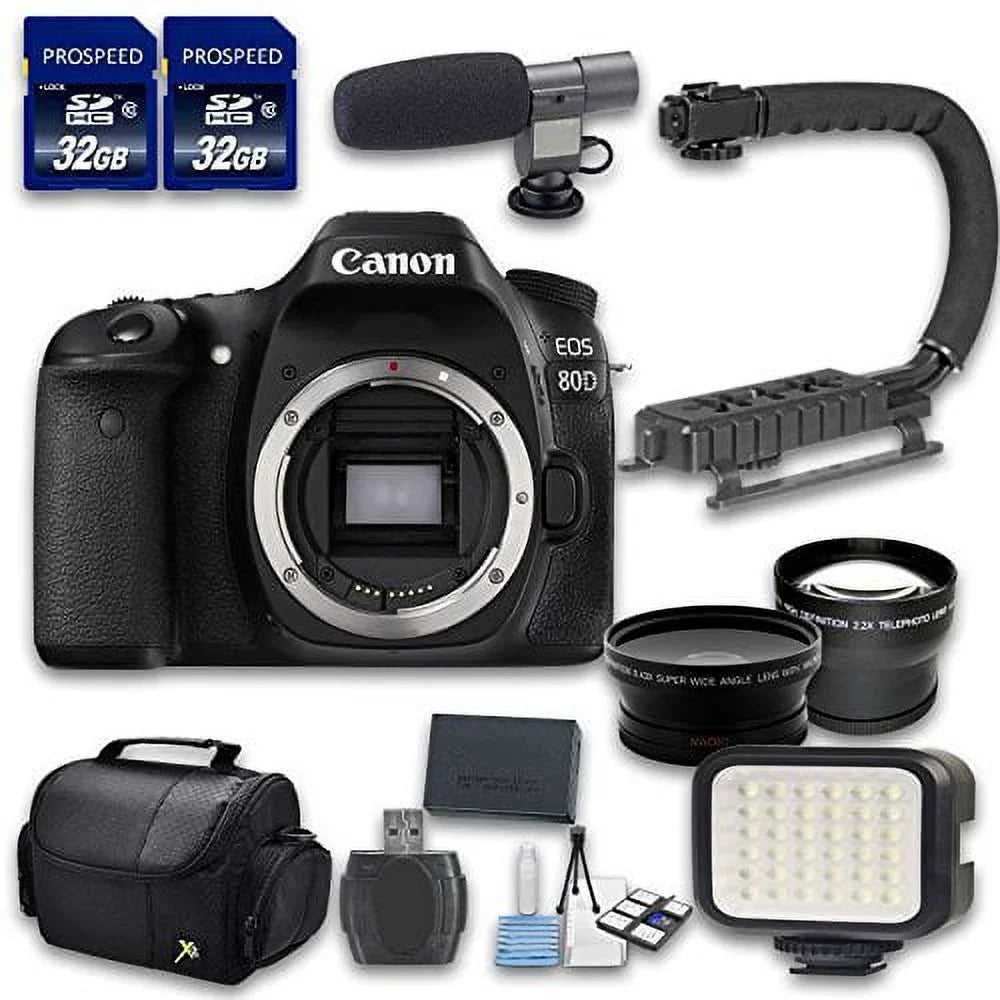 Light+2 Canon 80D Wideangle&Telephoto Bundle Cards|Microphone|Case|X-Grip|Starter 32 Only)w/ Camera (Body Lenses| Bundle