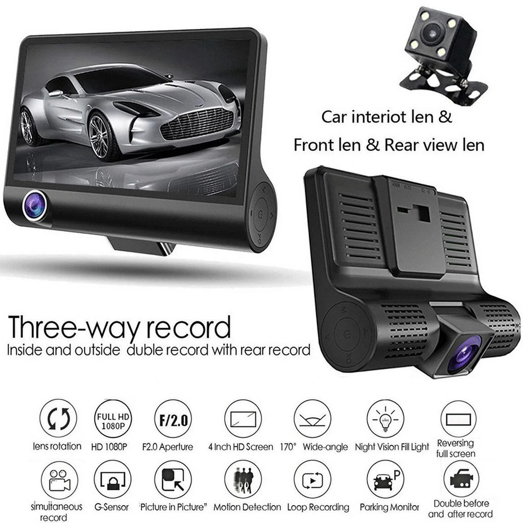 4" Rearview 3 Dash Video 1080P Recorder Cam Car G-sensor Lens Camera